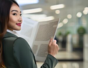 Close up of a women reading.